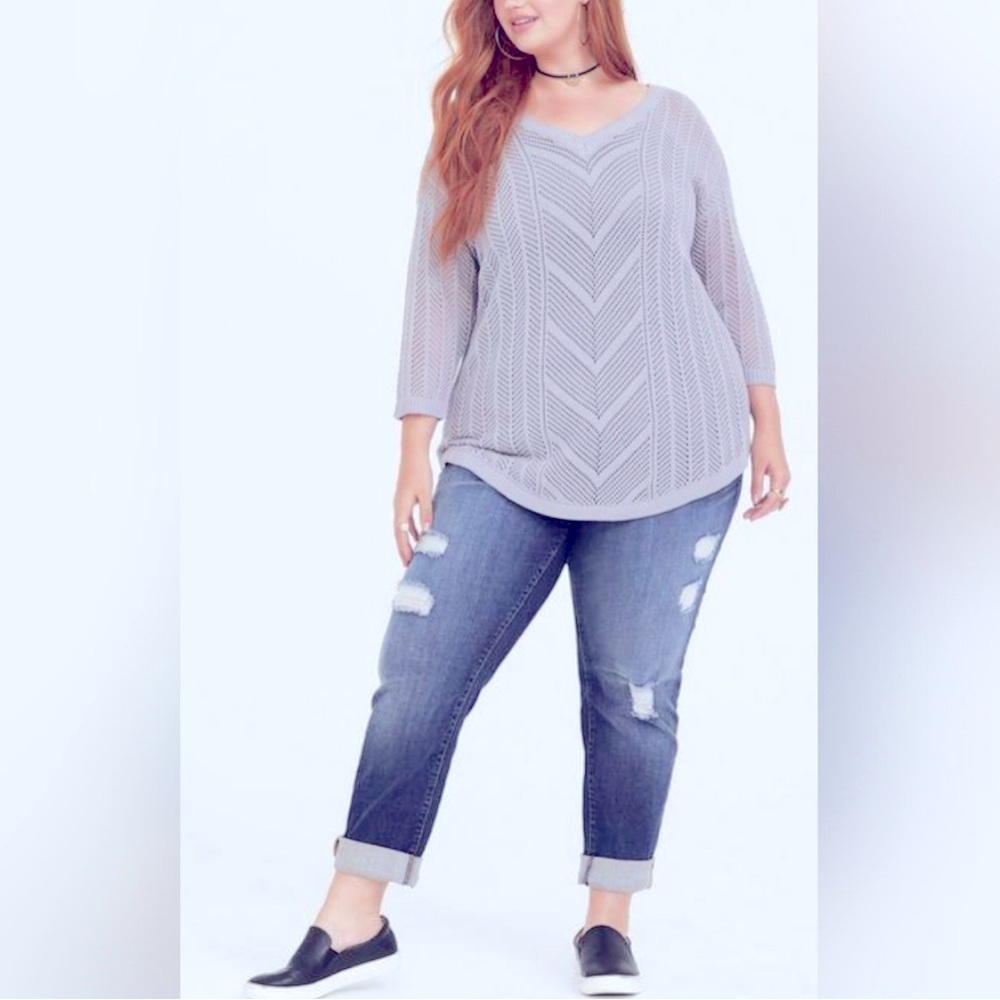 Torrid Womens Gray V-Neck 3/4 Sleeve Open Knit Textured Sweater